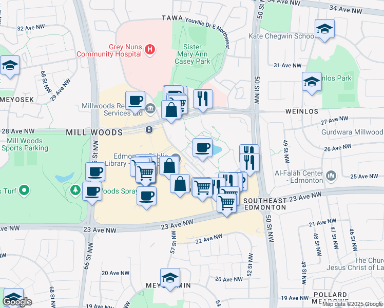 map of restaurants, bars, coffee shops, grocery stores, and more near 2603 Hewes Way Northwest in Edmonton