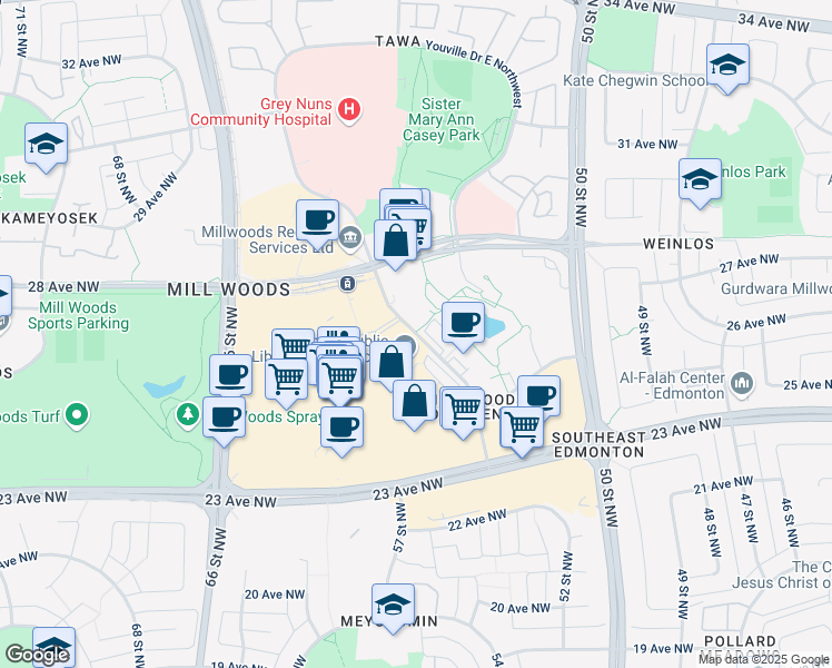 map of restaurants, bars, coffee shops, grocery stores, and more near 2610 Hewes Way Northwest in Edmonton