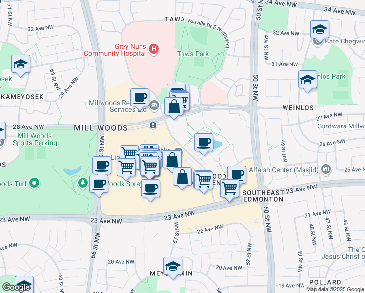 map of restaurants, bars, coffee shops, grocery stores, and more near 2603 Hewes Way NW in Edmonton