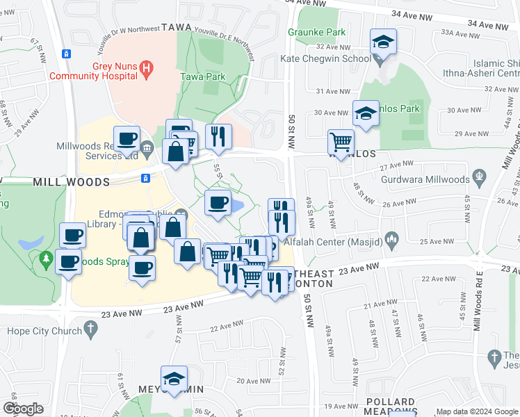 map of restaurants, bars, coffee shops, grocery stores, and more near 4313 52 Street Northwest in Edmonton