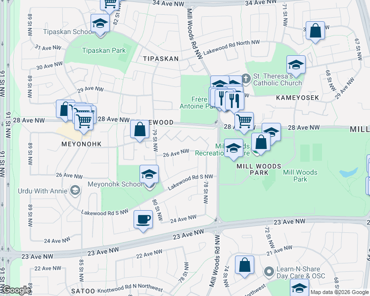 map of restaurants, bars, coffee shops, grocery stores, and more near 7845 26 Avenue Northwest in Edmonton