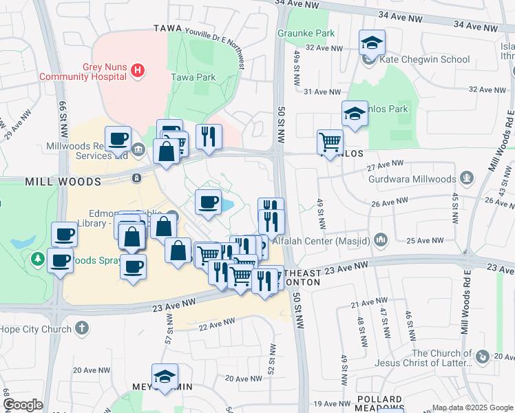 map of restaurants, bars, coffee shops, grocery stores, and more near 6 52 Street Northwest in Edmonton