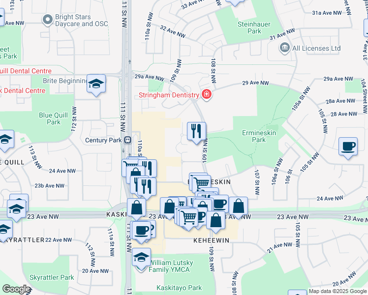 map of restaurants, bars, coffee shops, grocery stores, and more near 2610 109 Street Northwest in Edmonton