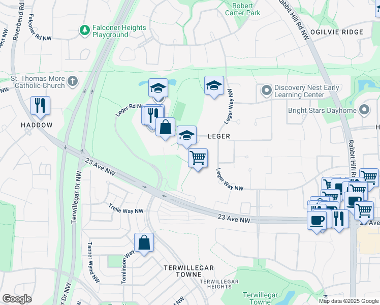 map of restaurants, bars, coffee shops, grocery stores, and more near 2019 Leger Road Northwest in Edmonton