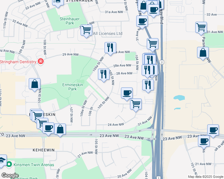 map of restaurants, bars, coffee shops, grocery stores, and more near 2716 105 Street Northwest in Edmonton