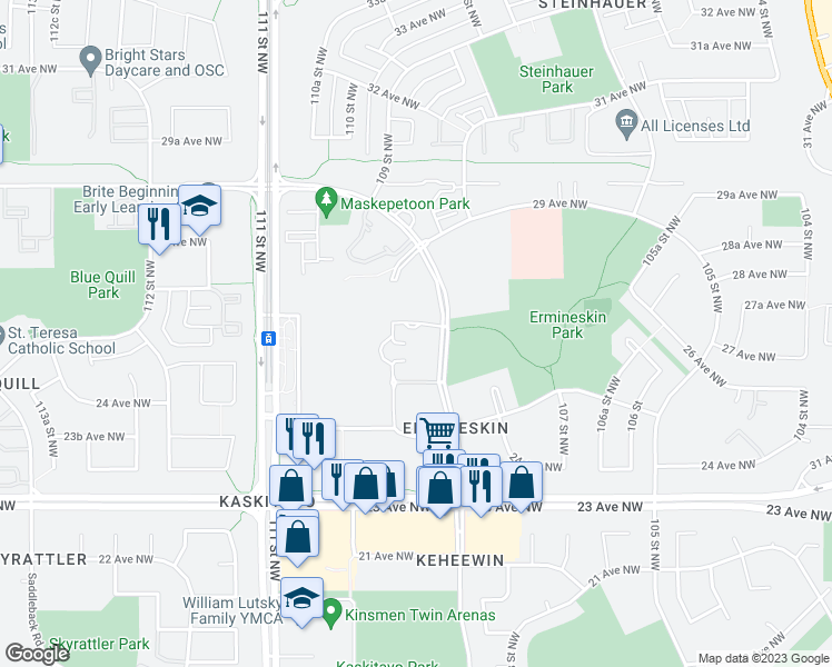 map of restaurants, bars, coffee shops, grocery stores, and more near 2840 109 Street Northwest in Edmonton
