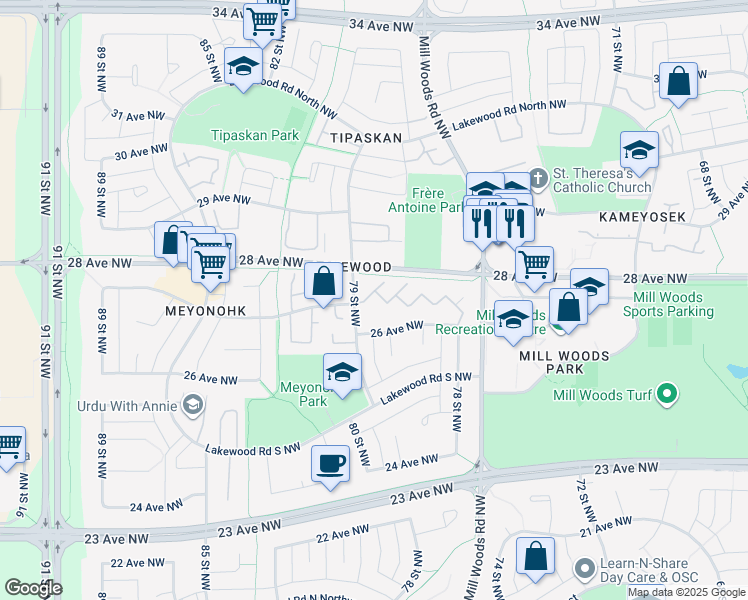 map of restaurants, bars, coffee shops, grocery stores, and more near 2703 79 Street Northwest in Edmonton