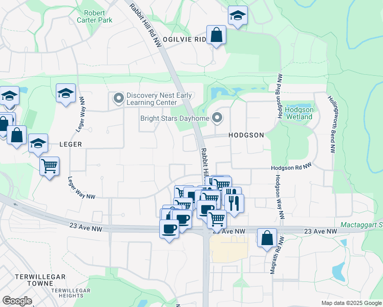 map of restaurants, bars, coffee shops, grocery stores, and more near 2534 Rabbit Hill Road Northwest in Edmonton