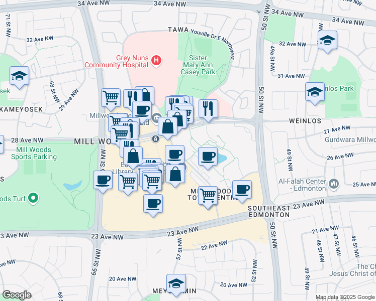 map of restaurants, bars, coffee shops, grocery stores, and more near 2731 Hewes Way Northwest in Edmonton