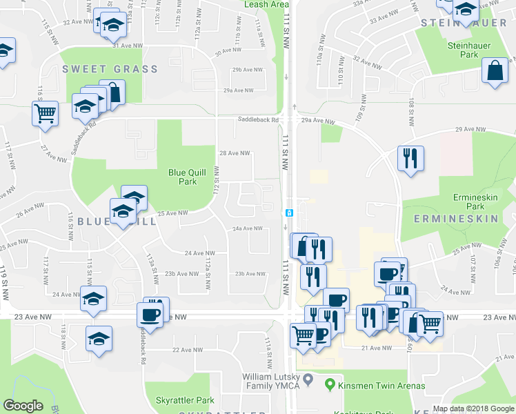 map of restaurants, bars, coffee shops, grocery stores, and more near 11131 27 Avenue Northwest in Edmonton
