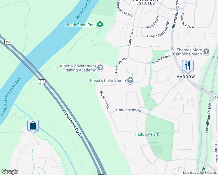 map of restaurants, bars, coffee shops, grocery stores, and more near 1584 Hector Road Northwest in Edmonton