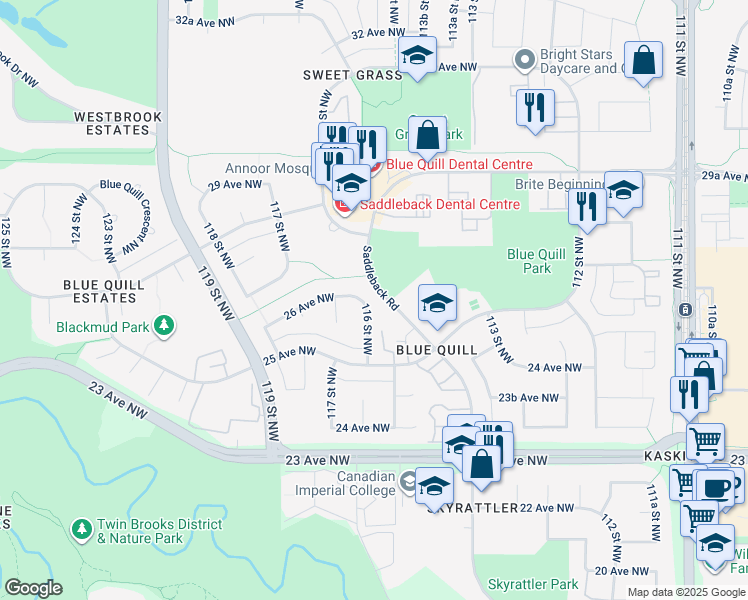 map of restaurants, bars, coffee shops, grocery stores, and more near 2545 116 Street Northwest in Edmonton