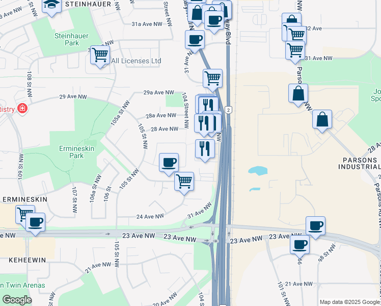 map of restaurants, bars, coffee shops, grocery stores, and more near 2723 104 Street Northwest in Edmonton