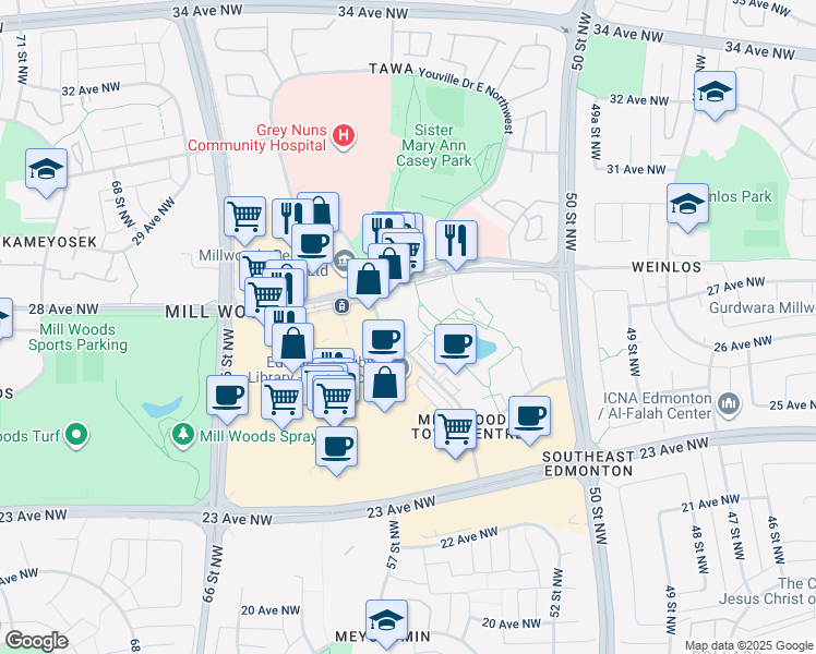 map of restaurants, bars, coffee shops, grocery stores, and more near 2731 Hewes Way Northwest in Edmonton
