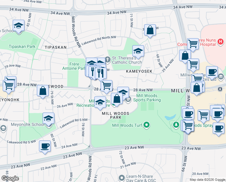 map of restaurants, bars, coffee shops, grocery stores, and more near 7400 28 Avenue Northwest in Edmonton