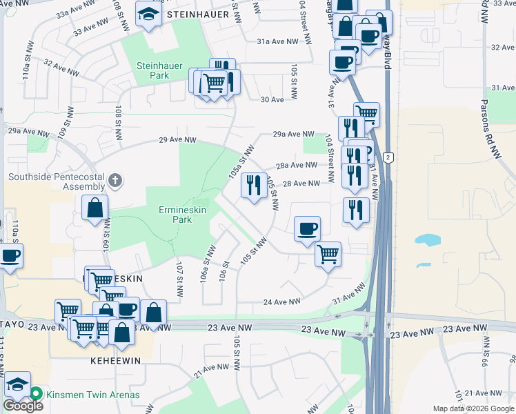map of restaurants, bars, coffee shops, grocery stores, and more near 2716 105 Street Northwest in Edmonton