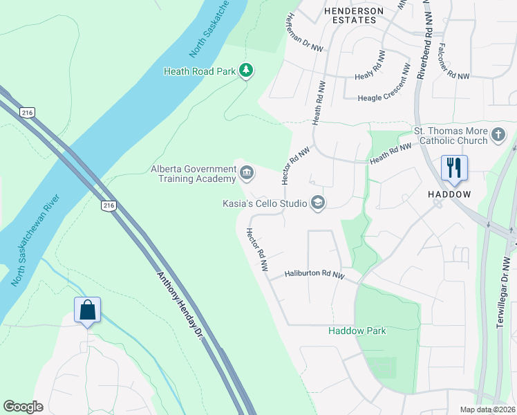 map of restaurants, bars, coffee shops, grocery stores, and more near 1584 Hector Road Northwest in Edmonton