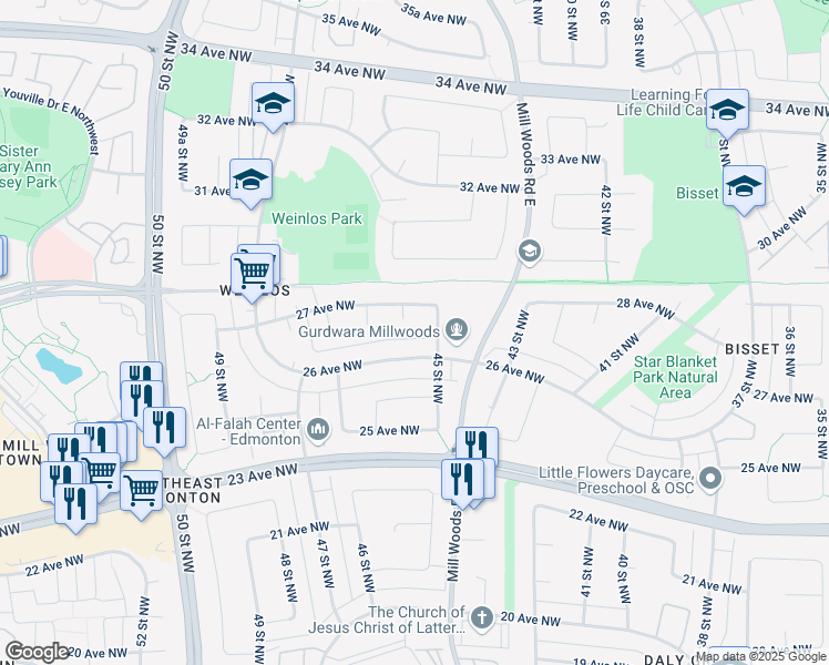 map of restaurants, bars, coffee shops, grocery stores, and more near 2612 45 Street Northwest in Edmonton