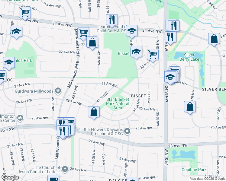 map of restaurants, bars, coffee shops, grocery stores, and more near 2747 41 Street Northwest in Edmonton