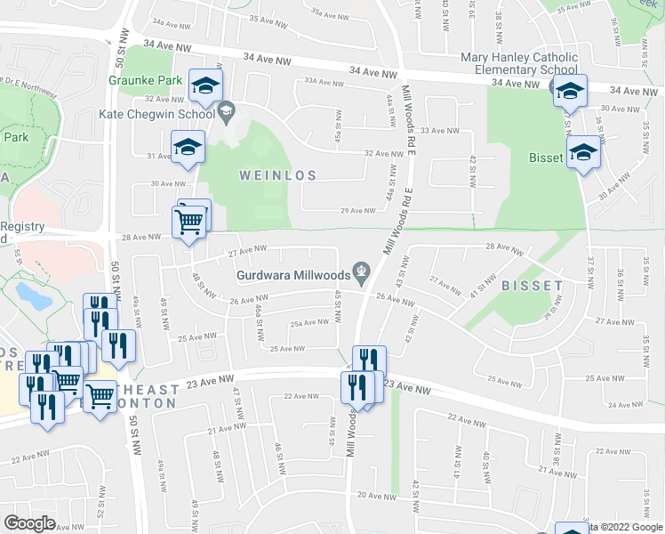 map of restaurants, bars, coffee shops, grocery stores, and more near 2612 45 Street Northwest in Edmonton
