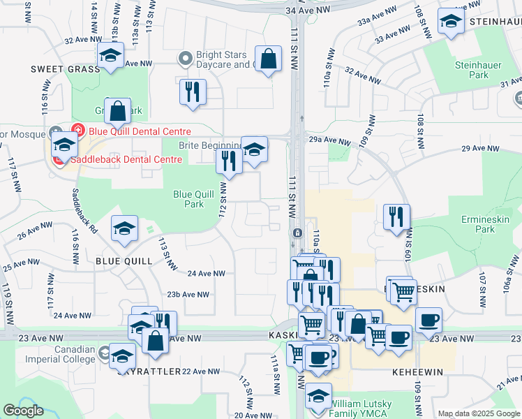 map of restaurants, bars, coffee shops, grocery stores, and more near 11131 27 Avenue Northwest in Edmonton