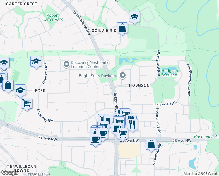 map of restaurants, bars, coffee shops, grocery stores, and more near 2510 Rabbit Hill Road Northwest in Edmonton