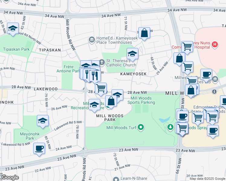 map of restaurants, bars, coffee shops, grocery stores, and more near 7300 28 Avenue Northwest in Edmonton