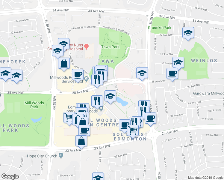 map of restaurants, bars, coffee shops, grocery stores, and more near in Edmonton
