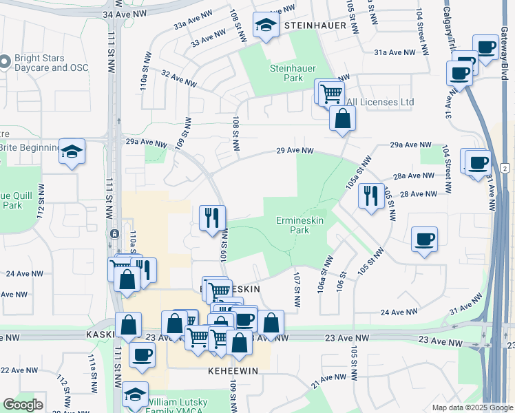 map of restaurants, bars, coffee shops, grocery stores, and more near 2755 109 Street Northwest in Edmonton