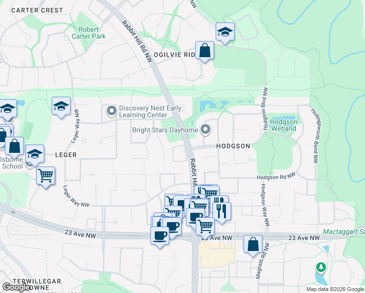 map of restaurants, bars, coffee shops, grocery stores, and more near 2510 Rabbit Hill Road Northwest in Edmonton