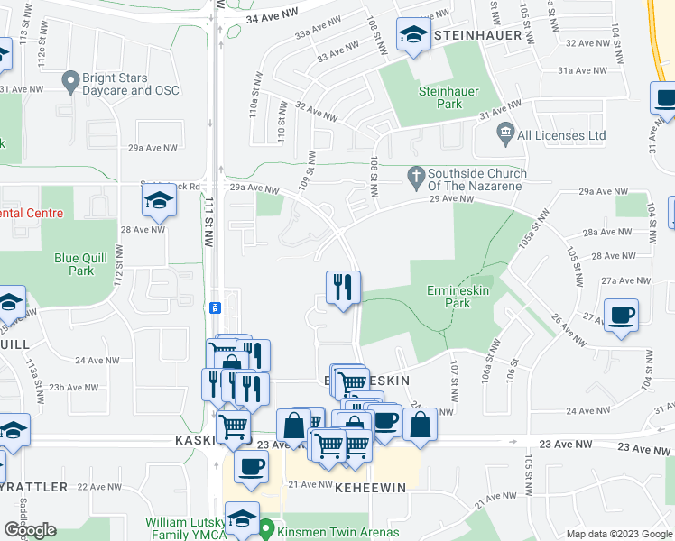 map of restaurants, bars, coffee shops, grocery stores, and more near 2840 109 Street Northwest in Edmonton