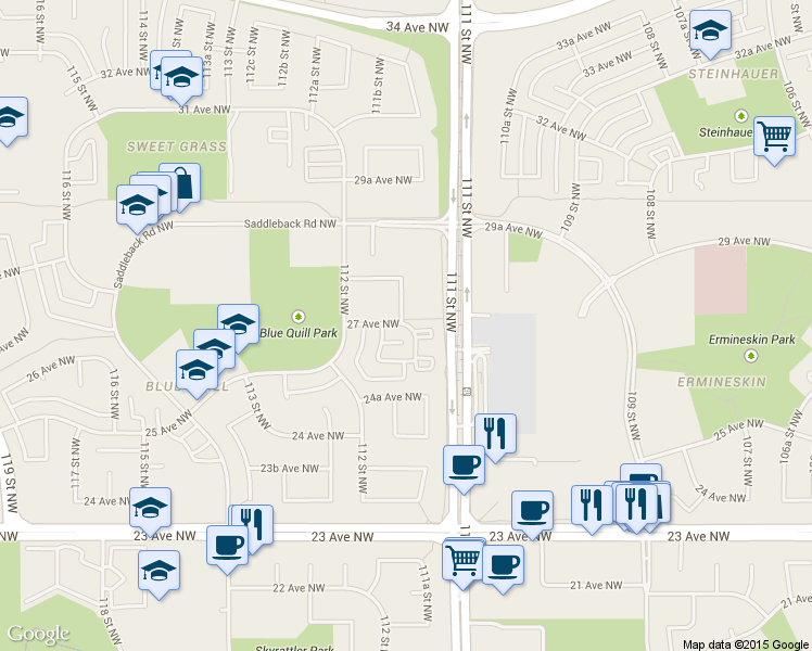map of restaurants, bars, coffee shops, grocery stores, and more near 11131 27 Avenue Northwest in Edmonton