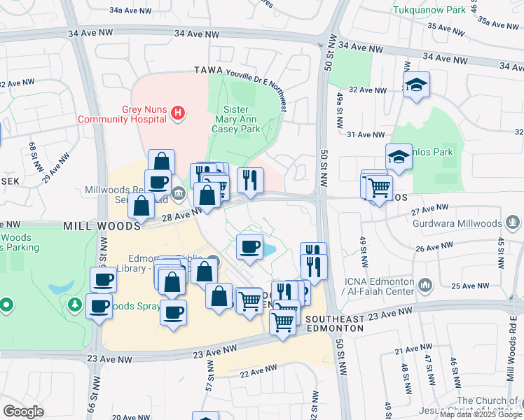 map of restaurants, bars, coffee shops, grocery stores, and more near 2741 55 Street in Edmonton