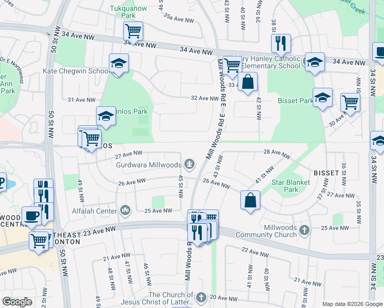 map of restaurants, bars, coffee shops, grocery stores, and more near 2624 Mill Woods Road East in Edmonton