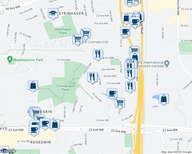 map of restaurants, bars, coffee shops, grocery stores, and more near 2766 105 Street Northwest in Edmonton