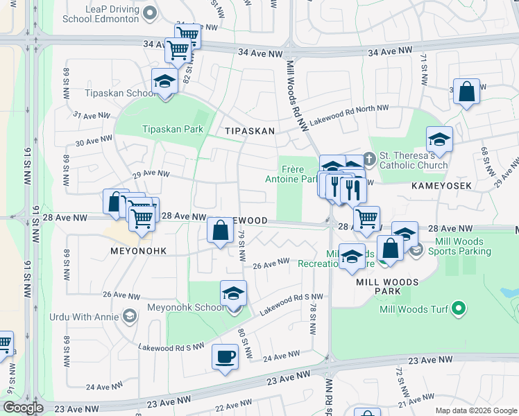 map of restaurants, bars, coffee shops, grocery stores, and more near 2803 79 Street Northwest in Edmonton