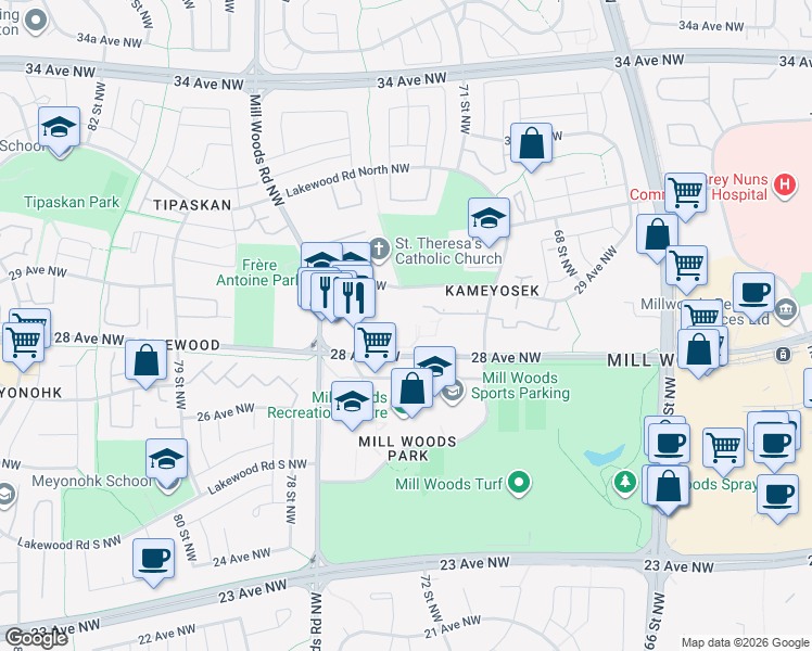 map of restaurants, bars, coffee shops, grocery stores, and more near 7302-7400 28 Ave NW in Edmonton