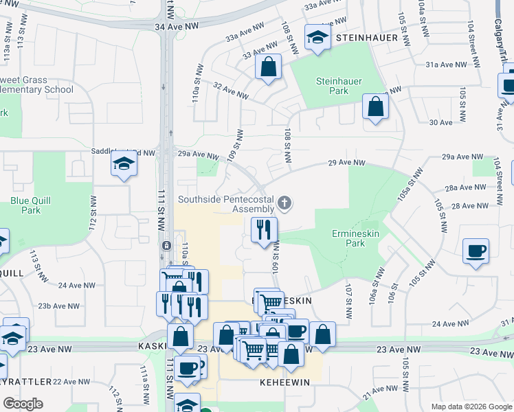 map of restaurants, bars, coffee shops, grocery stores, and more near 2831 109 Street Northwest in Edmonton