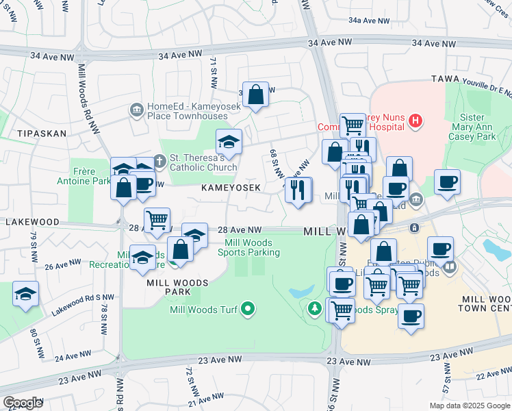 map of restaurants, bars, coffee shops, grocery stores, and more near 67 Lakewood Village Northwest in Edmonton