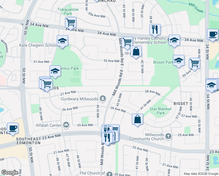 map of restaurants, bars, coffee shops, grocery stores, and more near in Edmonton