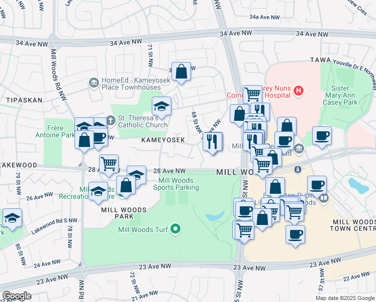 map of restaurants, bars, coffee shops, grocery stores, and more near 28 Lakewood Village Northwest in Edmonton