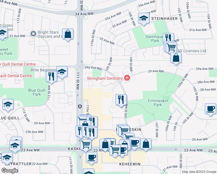 map of restaurants, bars, coffee shops, grocery stores, and more near 2908 109 Street Northwest in Edmonton