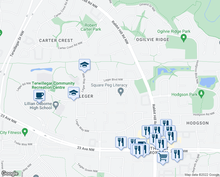 map of restaurants, bars, coffee shops, grocery stores, and more near 1215 Latta Crescent Northwest in Edmonton