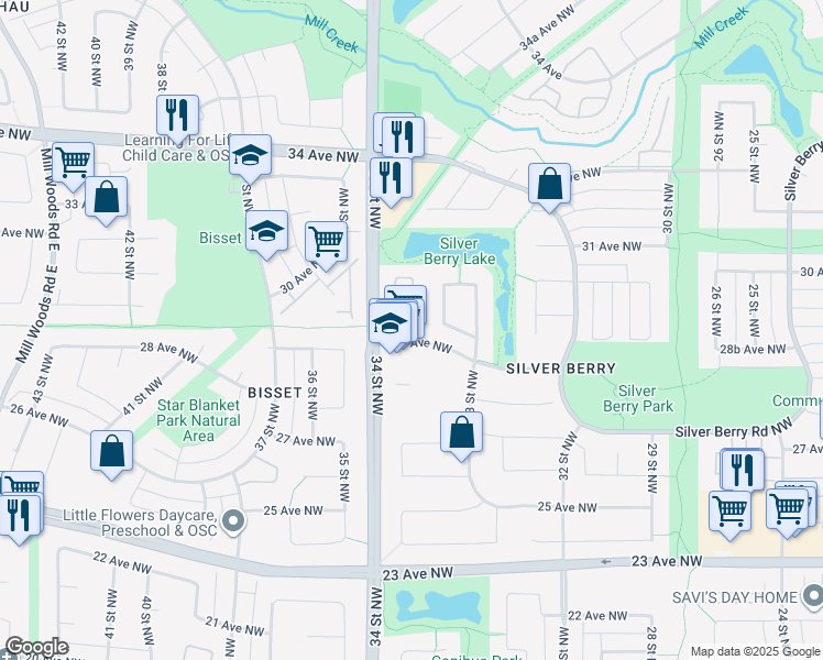 map of restaurants, bars, coffee shops, grocery stores, and more near 3380 28A Avenue Northwest in Edmonton