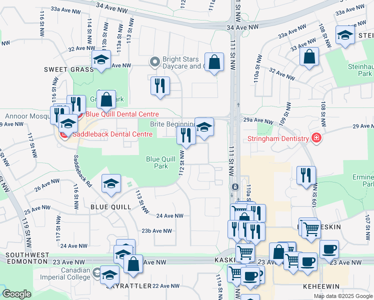 map of restaurants, bars, coffee shops, grocery stores, and more near 2715 112 Street Northwest in Edmonton