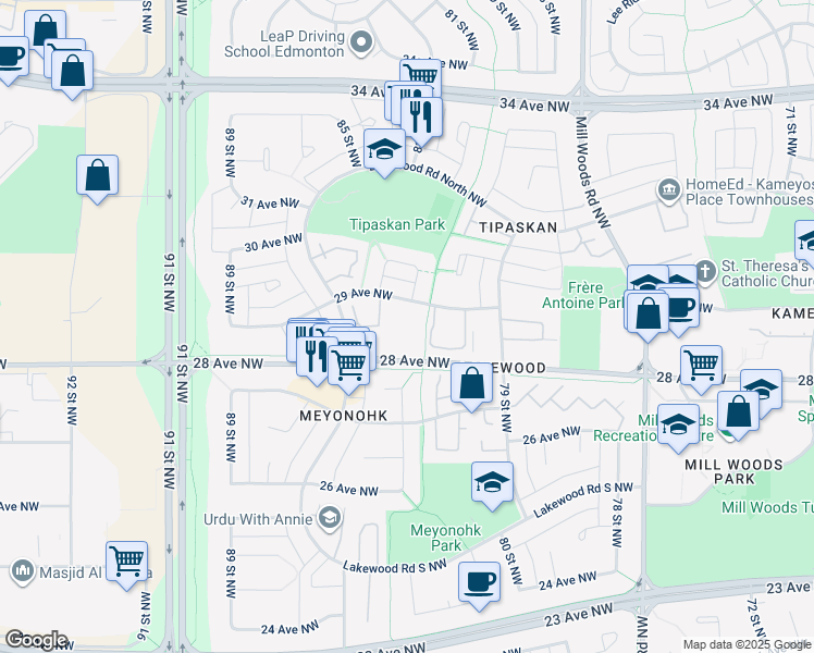map of restaurants, bars, coffee shops, grocery stores, and more near 8361 29 Avenue NW in Edmonton