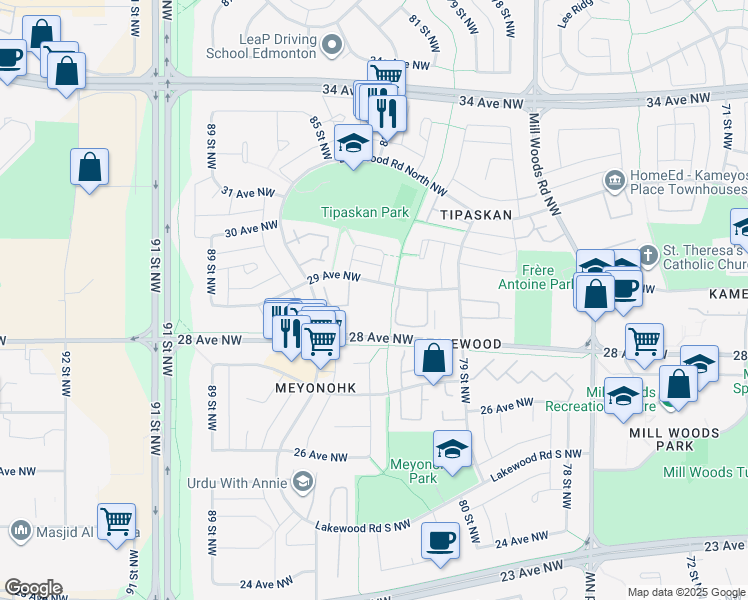 map of restaurants, bars, coffee shops, grocery stores, and more near 8309 29 Avenue NW in Edmonton