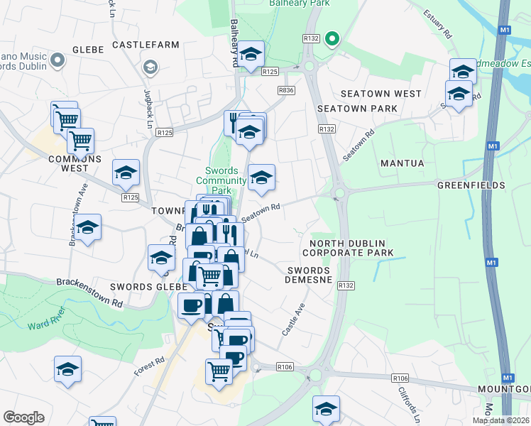 map of restaurants, bars, coffee shops, grocery stores, and more near 7 Seatown Road in Swords