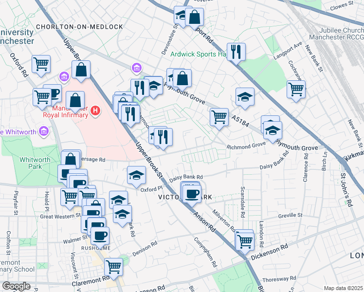 map of restaurants, bars, coffee shops, grocery stores, and more near 44 Hathersage Road in Greater Manchester