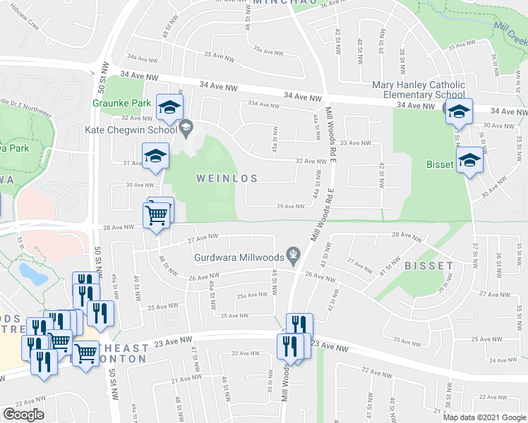 map of restaurants, bars, coffee shops, grocery stores, and more near 4537 29 Avenue Northwest in Edmonton